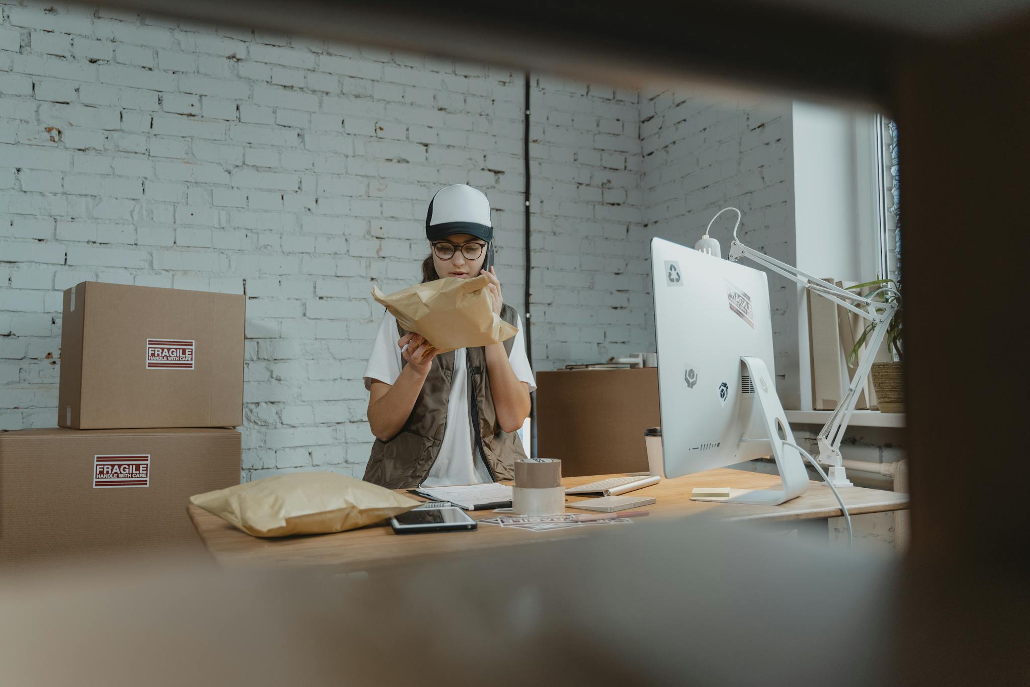 Courier in modern office checking parcel with technology and shipping materials around.